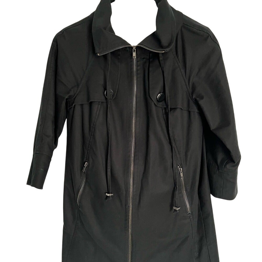 Trulli Black Zip Up Funnel Neck Trench Coat Jacket 3/4 Sleeve Cotton Blend